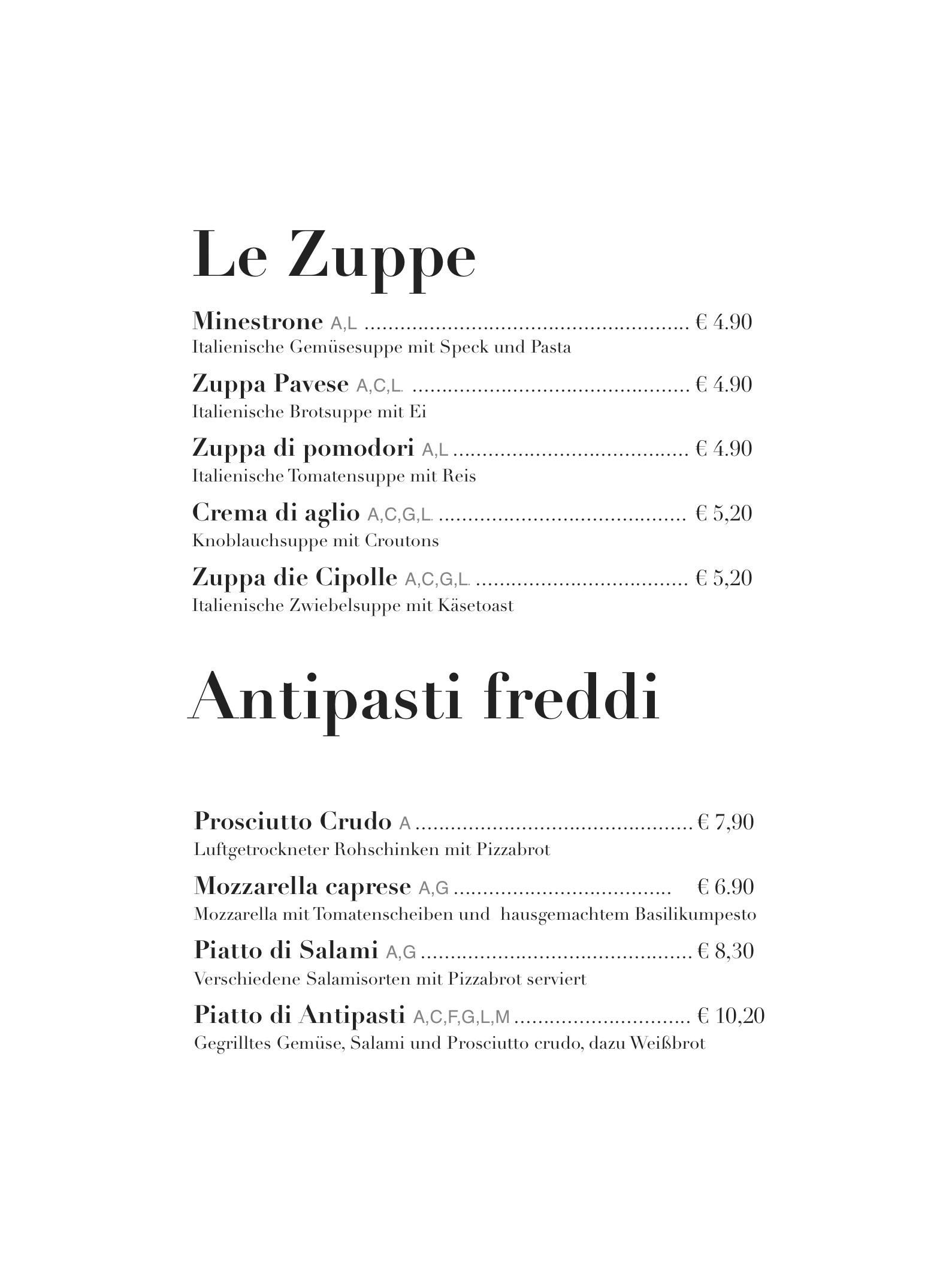 Pizzeria Cipollino Speisen und Getränke